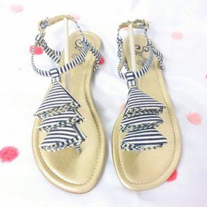 Seychelles Thong Sandals Canvas Ruffle Flats Gold Navy Blue White